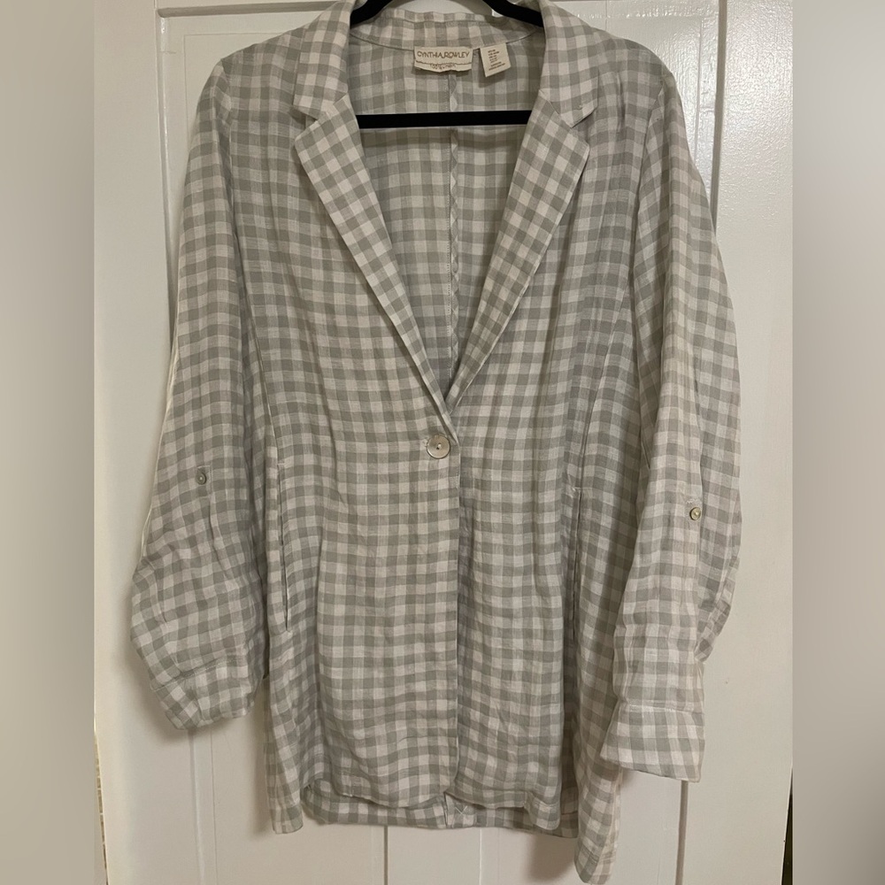 Cynthia Rowley Linen Gray Check Blazer M